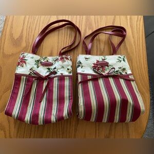 (2) Longaberger Holiday Stripe Poinsettia Canvas Gift Holiday Tote Bag